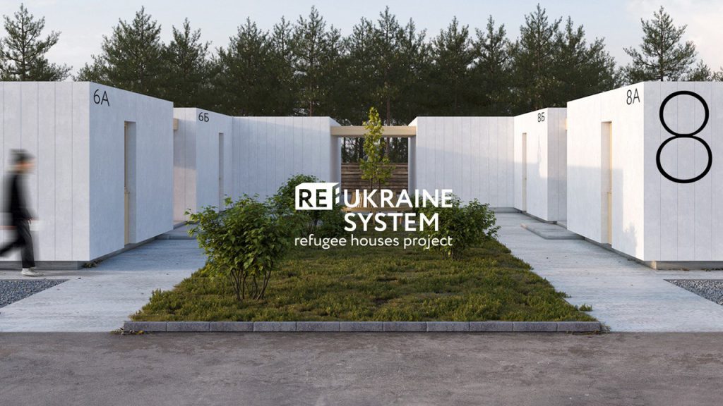 Fotorealistische Darstellung der Re:Ukraine Flüchtlingsmodulen des ukrainischen Architekturbüros Balbek